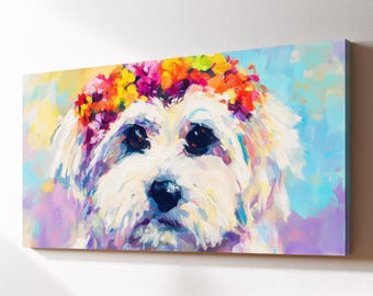 Flower Crown Maltese Canvas Wall Art, Cute Nursery Dog Oil Painting, Large Framed Canvas Print, Kids Nursery Home Decor Dog Lover Gift