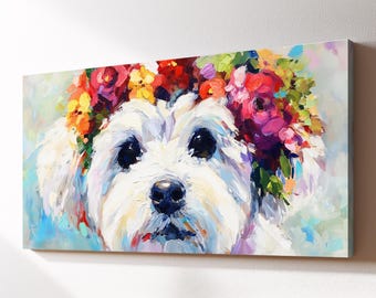 Flower Crown Maltese Canvas Wall Art, Cute Nursery Dog Oil Painting, Large Framed Canvas Print, Kids Nursery Home Decor Dog Lover Gift