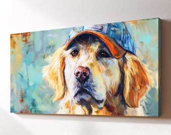 Golden Retriever in Baseball Cap Canvas Wall Art, Dog Pet Oil Painting, Large Framed Canvas Print, Living Room Home Decor Dog Lover Gift
