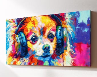 DJ Pomeranian With Headphones Canvas Wall Art, Music Dog Oil Painting, Large Framed Canvas Print, Kids Nursery Home Decor Dog Lover Gift