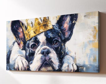 French Bulldog King Canvas Wall Art, Colorful Crown Pet Oil Painting, Large Framed Canvas Print, Living Room Home Decor Dog Lover Gift