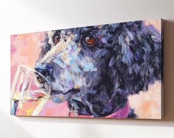 Poodle Champagne Toast Canvas Wall Art, Drinking Wine Dog Pet Oil Painting, Large Framed Canvas Print, Kitchen Bar Home Decor Dog Lover Gift
