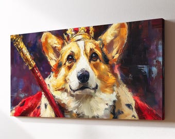 May include: Oil painting of a Corgi dog wearing a gold crown and red robe, holding a gold scepter. The dog has a white and tan face with brown eyes and large ears. The background is a mix of dark purple, red, and blue.