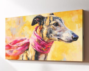 Greyhound Dog Pink Scarf Canvas Wall Art, Whippet Dog Pet Oil Painting, Large Framed Canvas Print, Living Room Home Decor Dog Lover Gift