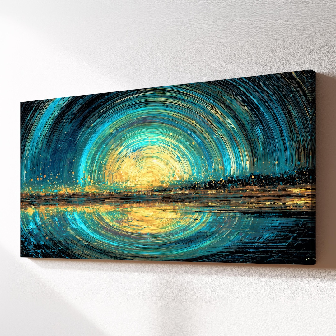 Abstract Sunset Ocean Canvas Wall Art · Teal Blue Gold Circular Sky ...