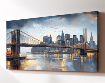 Brooklyn Bridge New York City Landmark Canvas Wall Art, Abstract Oil Painting Watercolor Decor, Art Print for Living Room, Bedroom, Office