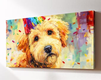 Party Labradoodle Birthday Canvas Wall Art, Doodle Pet Oil Painting, Large Framed Canvas Print, Kids Room Nursery Home Decor Dog Lover Gift
