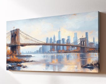 Brooklyn Bridge New York City Landmark Canvas Wall Art, Abstract Oil Painting Watercolor Decor, Art Print for Living Room, Bedroom, Office