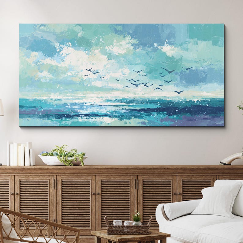 Abstract Nautical Graphics Ocean Wave Canvas Print · Abstract Teal Seascape With Birds · Coastal ...