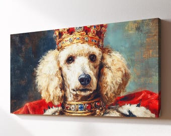 Regal Poodle King Canvas Wall Art, Funny Royal Pet Dog Oil Painting, Large Framed Canvas Print, Kids Nursery Home Decor Dog Lover Gift