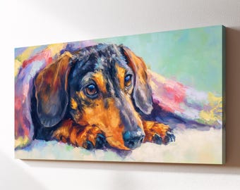 May include: A rectangular canvas print of a dachshund dog. The dog has a black and brown coat, with a long snout and floppy ears. The dog is lying down, with its head resting on its paws. The background is a mix of colors.