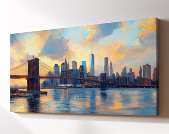 Brooklyn Bridge New York City Landmark Canvas Wall Art, Abstract Oil Painting Watercolor Decor, Art Print for Living Room, Bedroom, Office