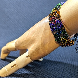 Pride Rainbow Bracelet; Byzantine Variant Chainmail Pattern; Thick Band; Black and Rainbow