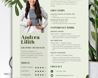 Könnte beinhalten: Lebenslauf einer Grafikdesignerin mit einem Foto einer Frau in Blazer und gestreiftem Hemd. Der Lebenslauf enthält Abschnitte für Fähigkeiten, Ausbildung und Erfahrung. Kontaktinformationen sind ebenfalls angegeben.