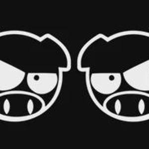 May include: Two white, stylized pig face decals with angry expressions on a black background. Each pig face features a round head, pointed ears, and a furrowed brow, with a small snout and two tusks.