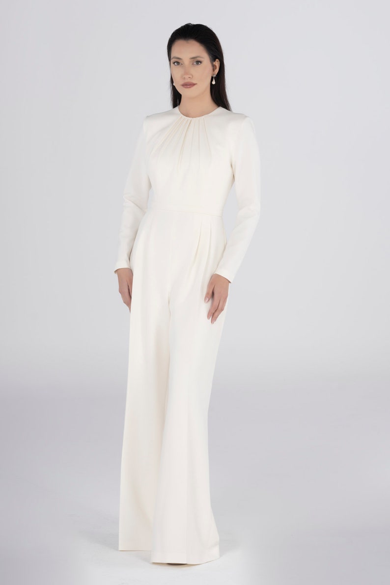 Jewel Neck Layered Chiffon Poncho Top and Wide Leg Pant Suit Ivory main image 1