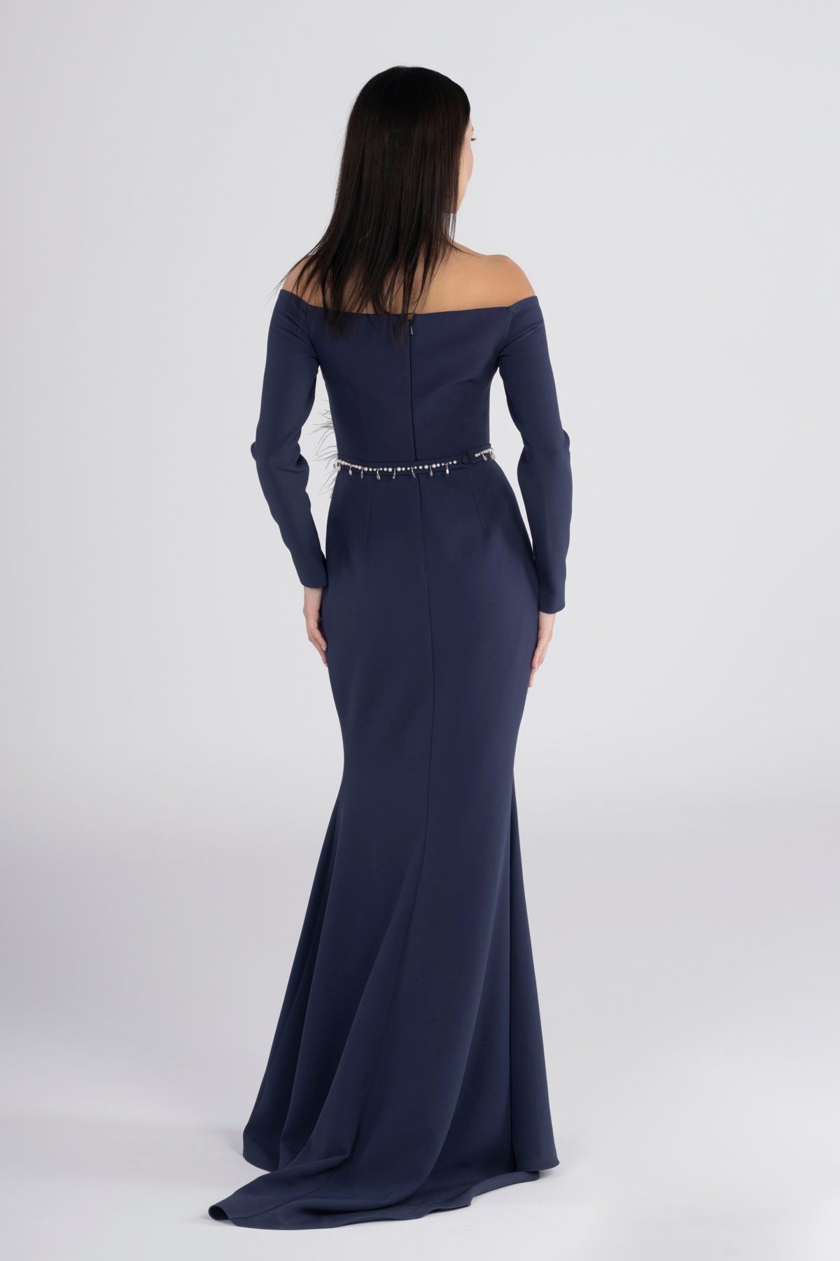 Navy Off the Shoulder Mermaid Crepe Formal Dress with Slit main image 0