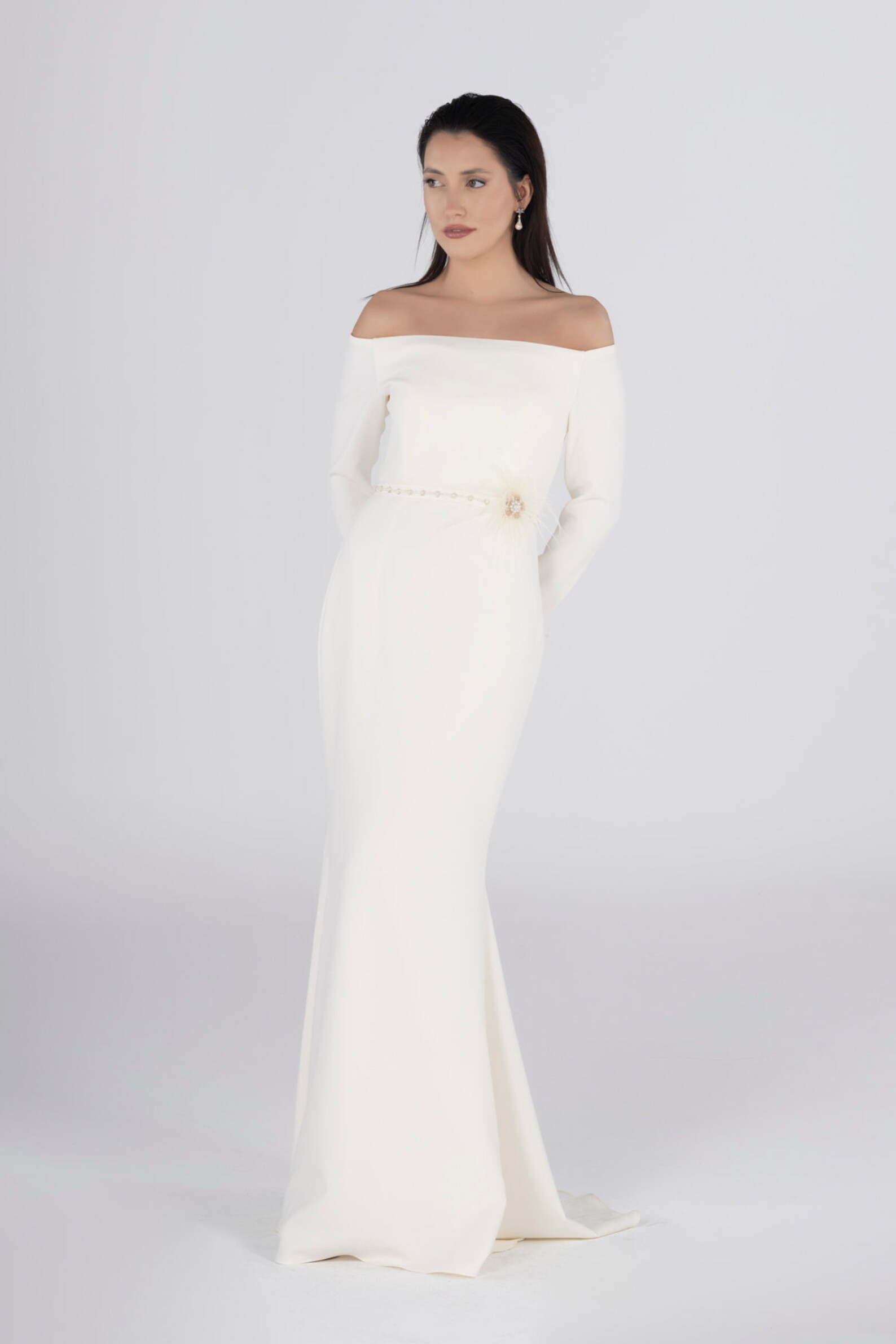 Elegant Mermaid Ruffles Long Sleeves Stretch Crepe High Low Formal Wedding Guest Dresses