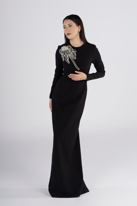 long black pearl dress Black Pearl Trim Detail V Maxi Dress
