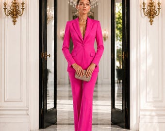 Fuchsia Pink Women’s Pantsuit, Structured-Shoulder Blazer and High-Waisted Flared Trousers