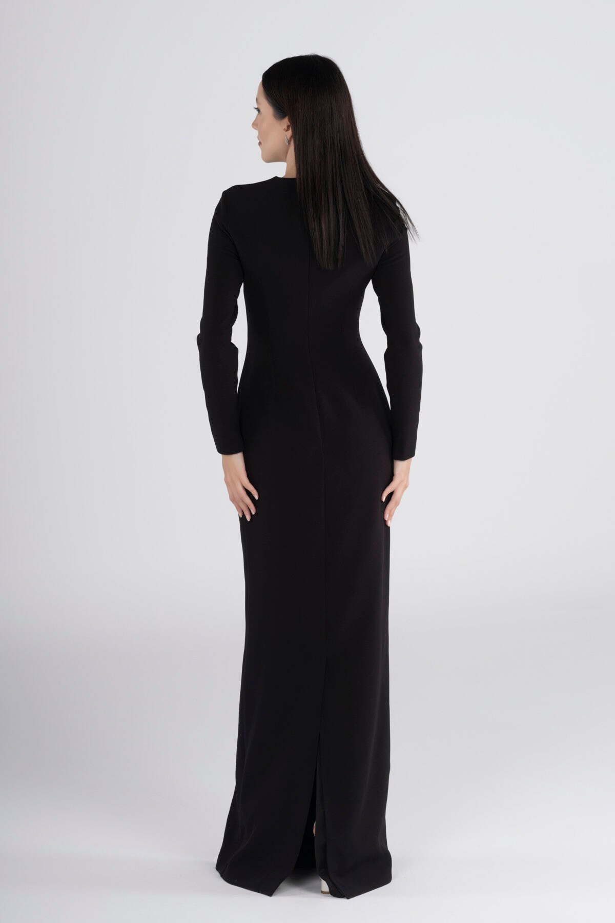 black tape dresses Black Satin Gown With Pearl Neckline and Bow Detail main image 0