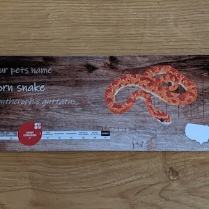 Könnte beinhalten: Ein Holzschild mit einer roten Maisnatter auf braunem Hintergrund. Das Schild trägt die Aufschrift "Name Ihres Haustieres: Maisnatter, Pantherophis guttatus". Das Schild enthält auch einen roten Kreis mit den Worten "Least Concern" darin.