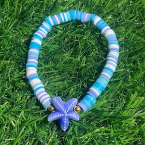 Blue Starfish Bead Bracelet Colorful Periwinkle Clay Beads & Gold Spacers Stretchy 7 Inches