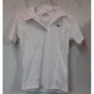 May include: White short-sleeved polo shirt with a small blue logo on the left chest.