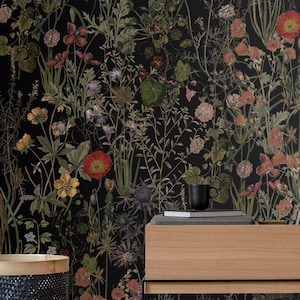 Carta da parati con fiori e foglie selvatici, murale botanico scuro, decorazioni floreali per la casa, carta da parati autoadesiva o tradizionale staccabile e incollabile