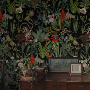 Carta da parati botanica scura, giardino incantato, motivo con animali, arte floreale, decorazioni per la casa, carta da parati autoadesiva stacca e incolla o tradizionale