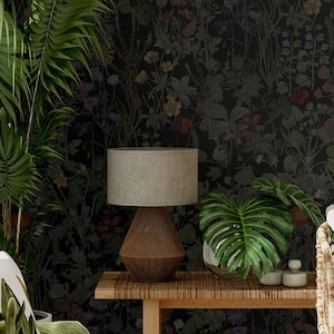 Carta da parati botanica scura con fiori sottili, stampa floreale, arte murale vintage, decorazioni per la casa, carta da parati autoadesiva o tradizionale stacca e incolla