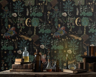 Medieval dark wallpaper, mystic pattern, horsemen & magical motifs, vintage home decor peel and stick self adhesive or traditional wallpaper
