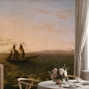 Scenic landscape wallpaper, vintage ship and ocean wall mural, home decor, peel and stick self adhesive or traditional wallpaper