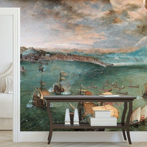Vintage landscape wallpaper, View of the bay of Naples wall mural, home decor, peel and stick self adhesive or traditional wallpaper