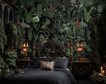 May include: A dark bedroom with a black canopy bed and a black and green botanical wallpaper. The bed has a black headboard and a black and gold throw pillow. There are two lamps on nightstands next to the bed.
