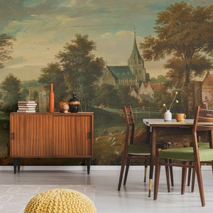 Papier peint paysage vintage, fresque murale verte, décoration intérieure pittoresque, papier peint autocollant ou traditionnel