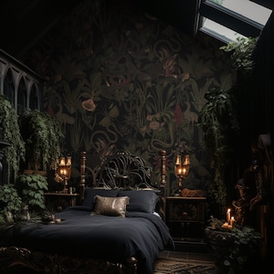 Dark botanical wallpaper, enchanted garden wall mural, vintage floral art, home decor, peel and stick self adhesive or traditional wallpaper