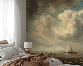 May include: A bedroom featuring a large wall mural of a seascape with a sailboat under a cloudy sky. The room includes a bed with white linens and a brown blanket, a gold lamp, and sheer white curtains.