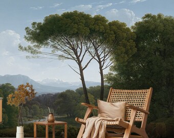 Vintage landscape wallpaper, village wall mural, home decor, peel and stick self adhesive or traditional wallpaper