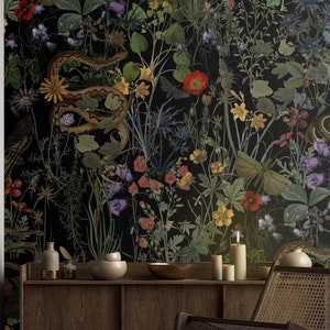 Carta da parati botanica e animale scura, carta da parati con fiori e foglie, decorazioni floreali per la casa, carta da parati autoadesiva o tradizionale staccabile e incollabile