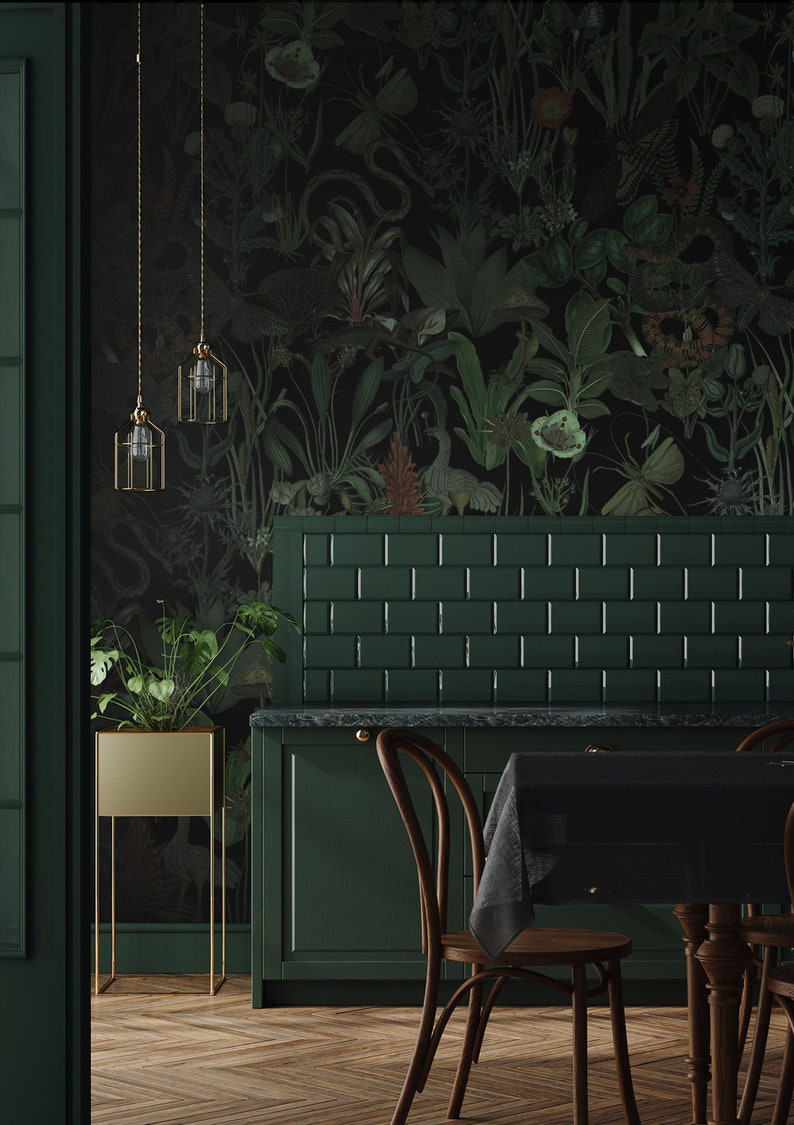 Enchanted garden wall mural, dark botanical wallpaper, vintage floral art, home decor, peel and stick self adhesive or traditional wallpaper image 5