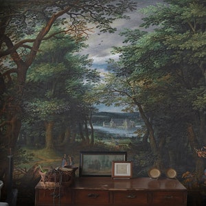 Carta da parati verde foresta, paesaggio scenico, murale forestale, decorazioni per la casa vintage, carta da parati autoadesiva o tradizionale stacca e incolla