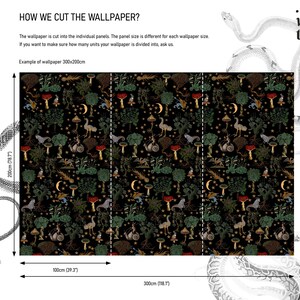 May include: A black and green wallpaper pattern with a repeating design of mushrooms, stars, and birds. The wallpaper is cut into individual panels, with each panel measuring 100 cm by 200 cm. The text "How We Cut The Wallpaper?" is at the top of the image, and the text "wall tales" is at the top right of the image.