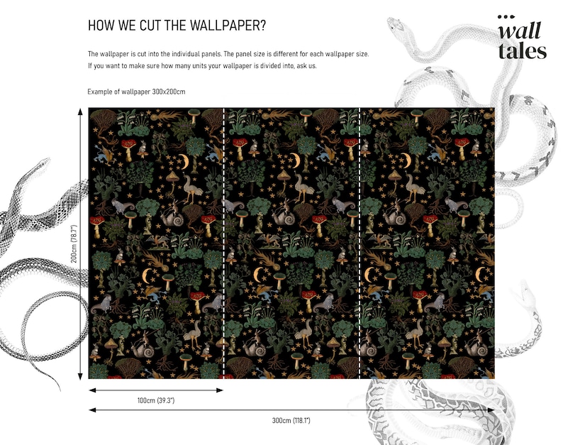 May include: A black and green wallpaper pattern with a repeating design of mushrooms, stars, and birds. The wallpaper is cut into individual panels, with each panel measuring 100 cm by 200 cm. The text "How We Cut The Wallpaper?" is at the top of the image, and the text "wall tales" is at the top right of the image.