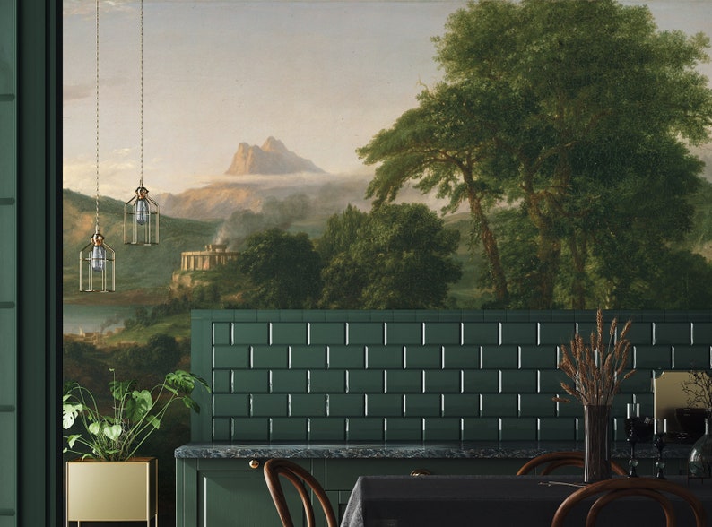 Scenic Landscape Wallpaper, Vintage Green Wall Mural, Tree Home Decor ...