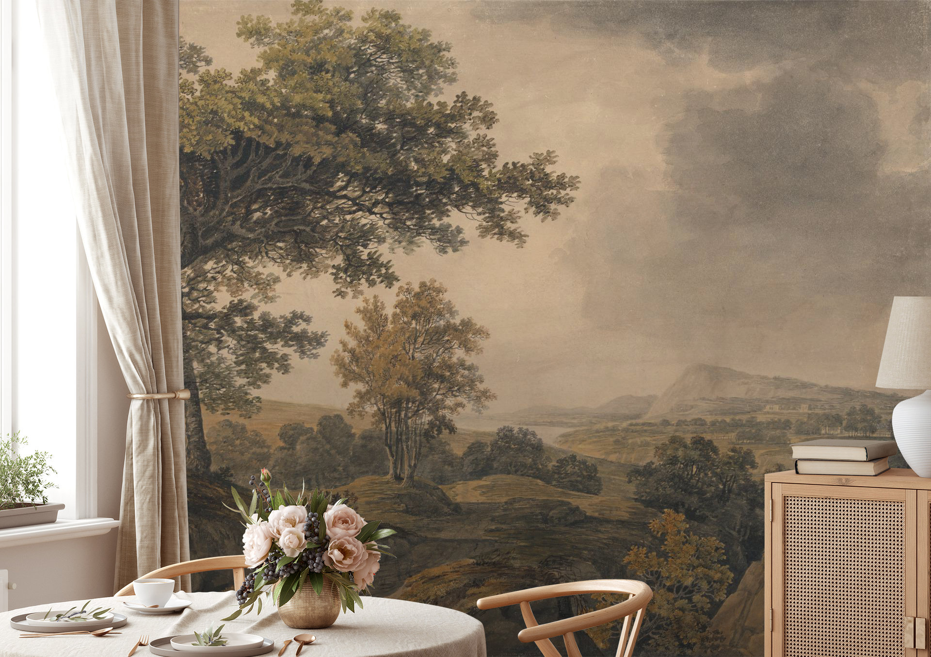 Vintage Tree Landscape Wallpaper, Mountain Wall Mural, Home Decor, Peel ...