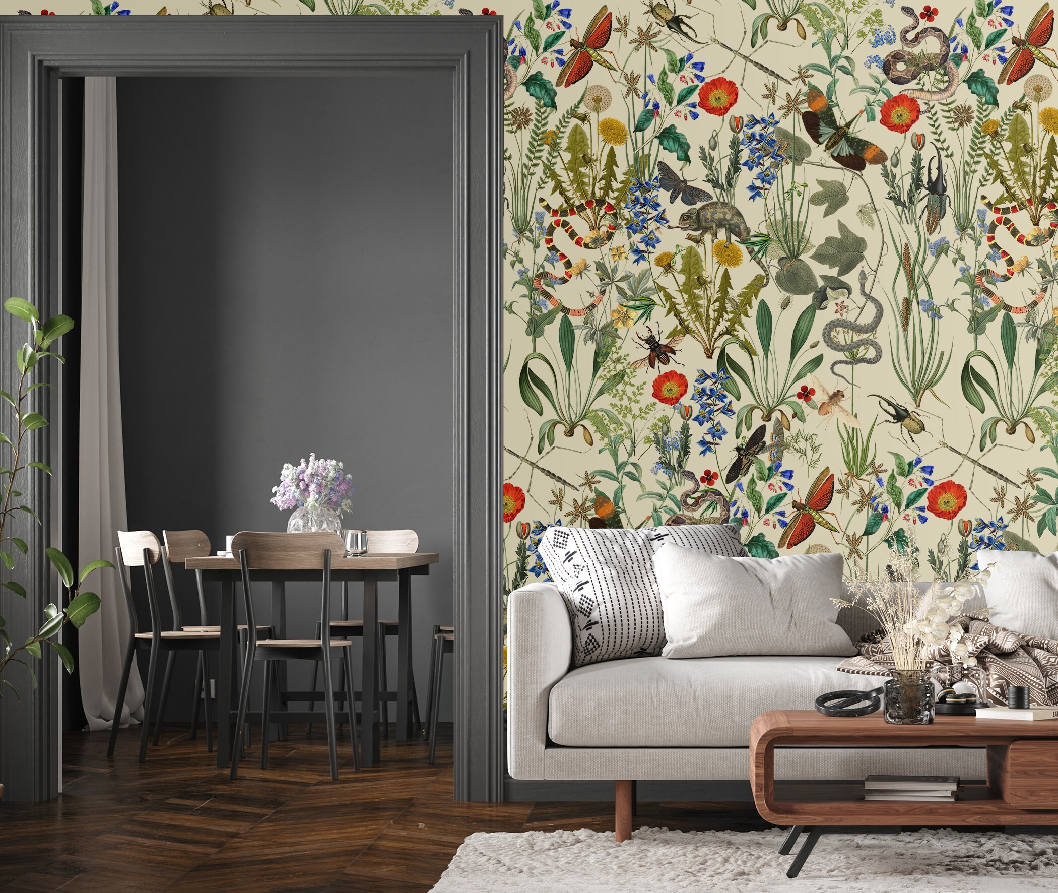 Botanical Wallpaper, Tropical Leaf and Animal Wall Mural, Floral Art ...