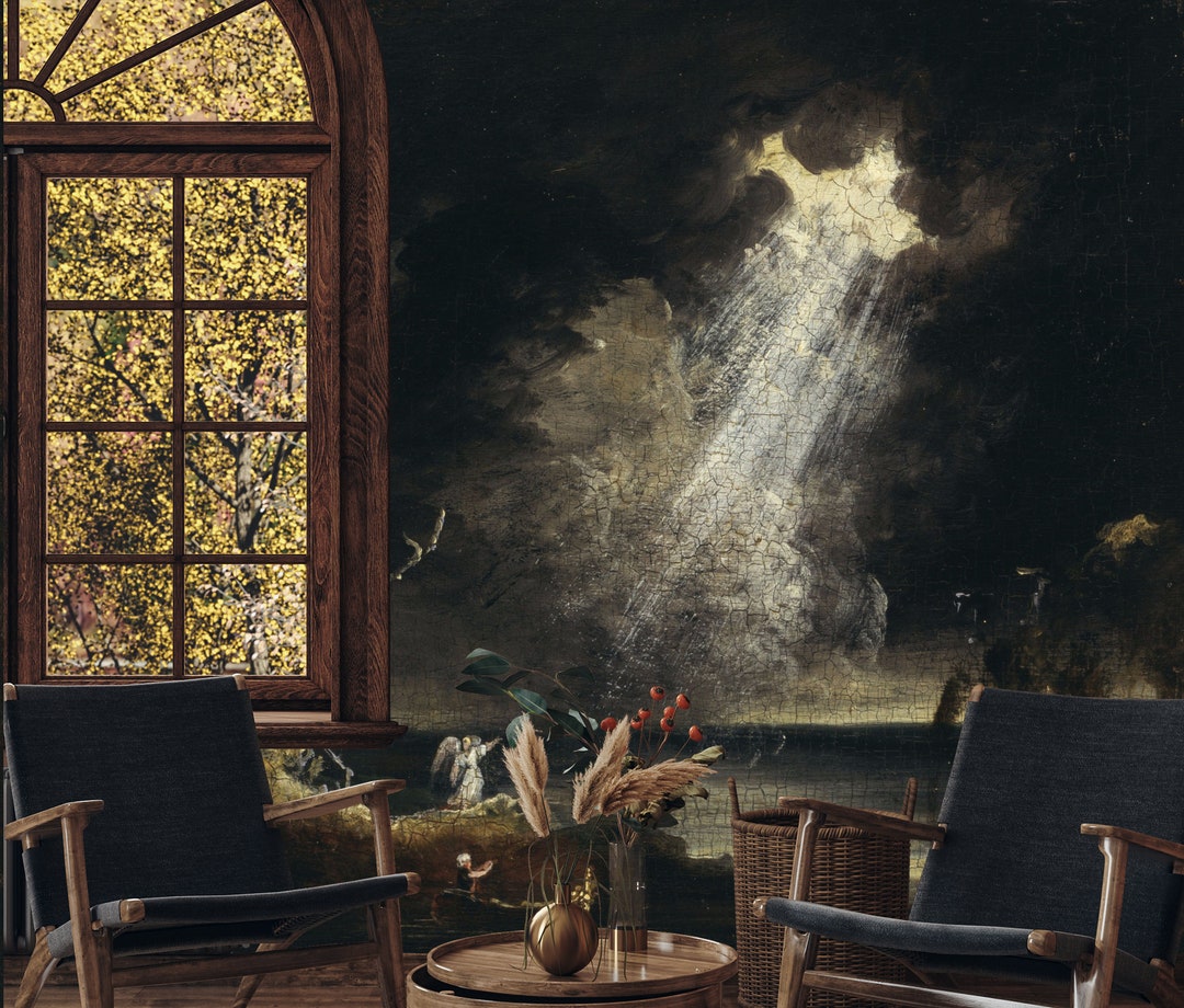 Dark Vintage Landscape Wallpaper, Clouds Wall Mural, Victorian Wall Art, Home Decor, Peel and ...