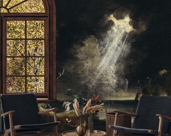 May include: A dark, moody living room with two chairs, a window with fall foliage, and a large painting of a cloudy sky with a beam of light shining down. The painting is on a dark wall.