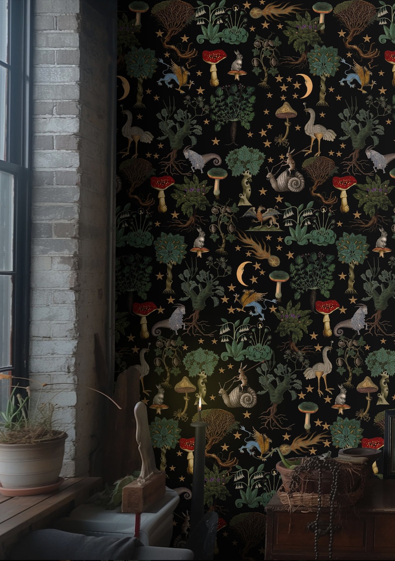 May include: Black wallpaper with a repeating pattern of whimsical forest creatures, mushrooms, and stars. The pattern includes a variety of animals, including birds, rabbits, and mythical creatures. The wallpaper is perfect for adding a touch of whimsy and magic to any room.